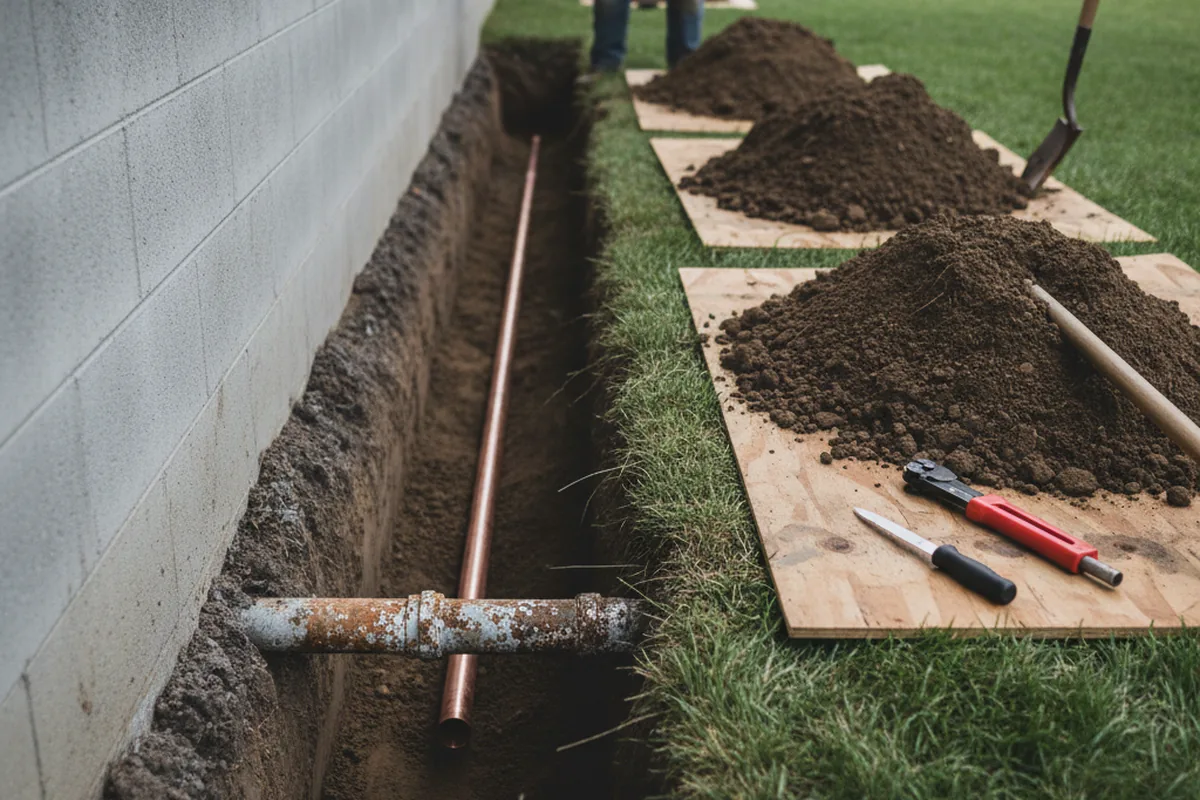 Excavated water line trench during Water Softener Installation in Galion